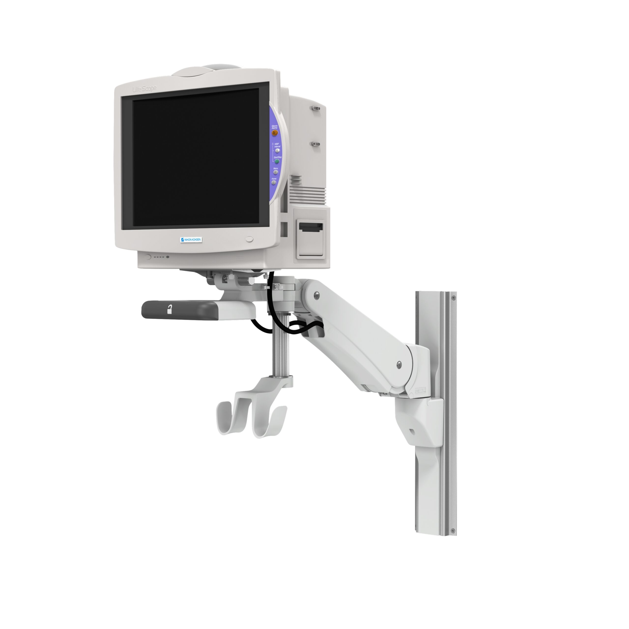 Nihon Kohden Lifescope TR BSM-6300 / 6500 / 6700 on VHM-PL Variable Height  Arm Channel Mount with Vertical Position Lock | GCX Medical Mounting  Solutions